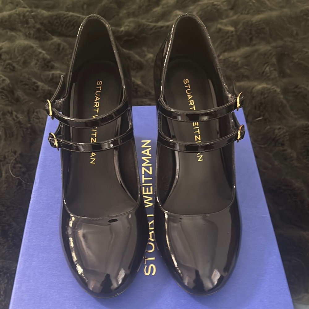 Stuart Weitzman Glossy Black Double Strap Heels